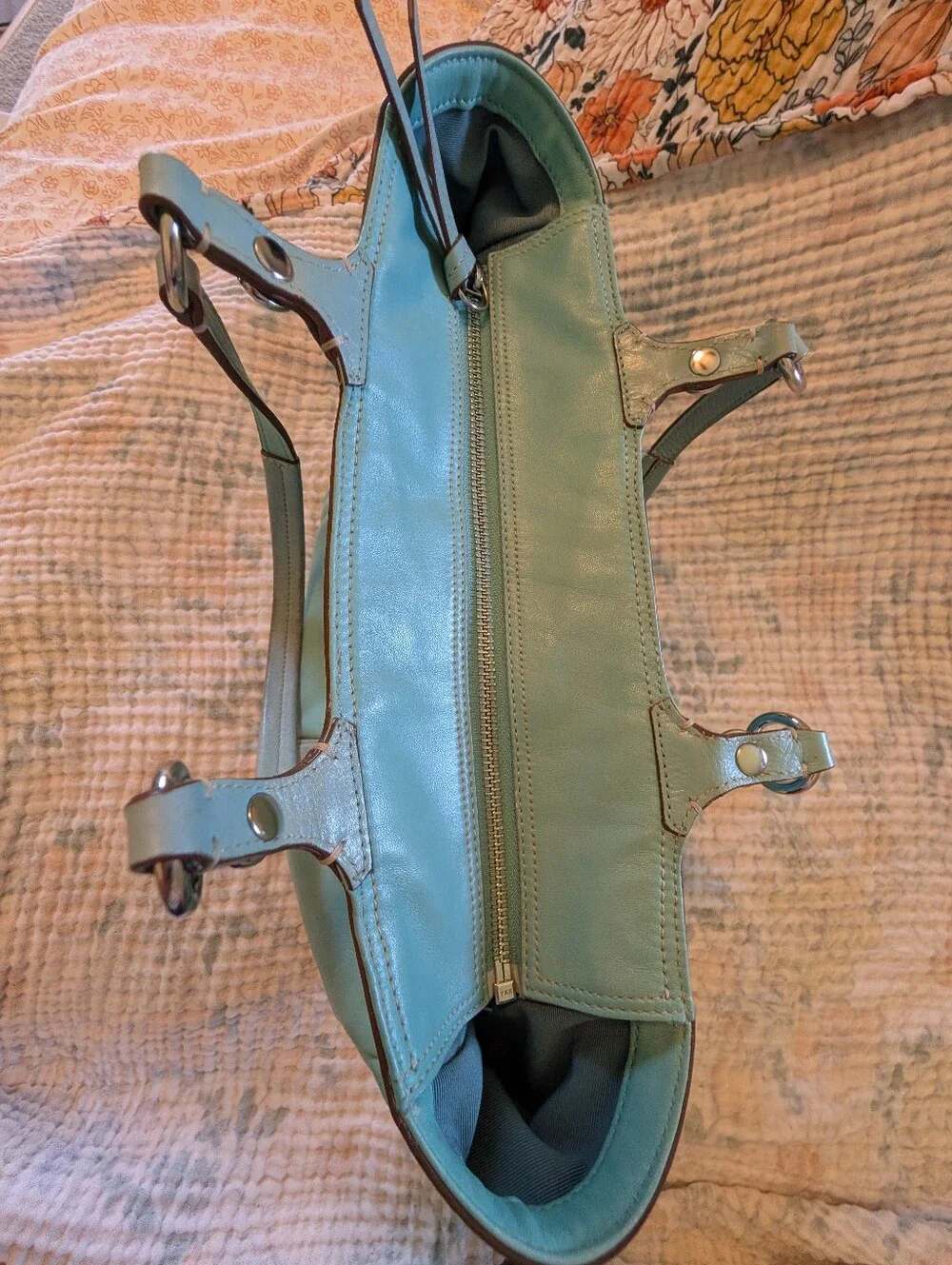 COACH Leather Gallery Bag with Double Straps In Lagoon Blue